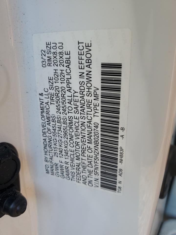 2022 Honda Pilot Se VIN: 5FNYF5H2XNB020740 Lot: 59139964