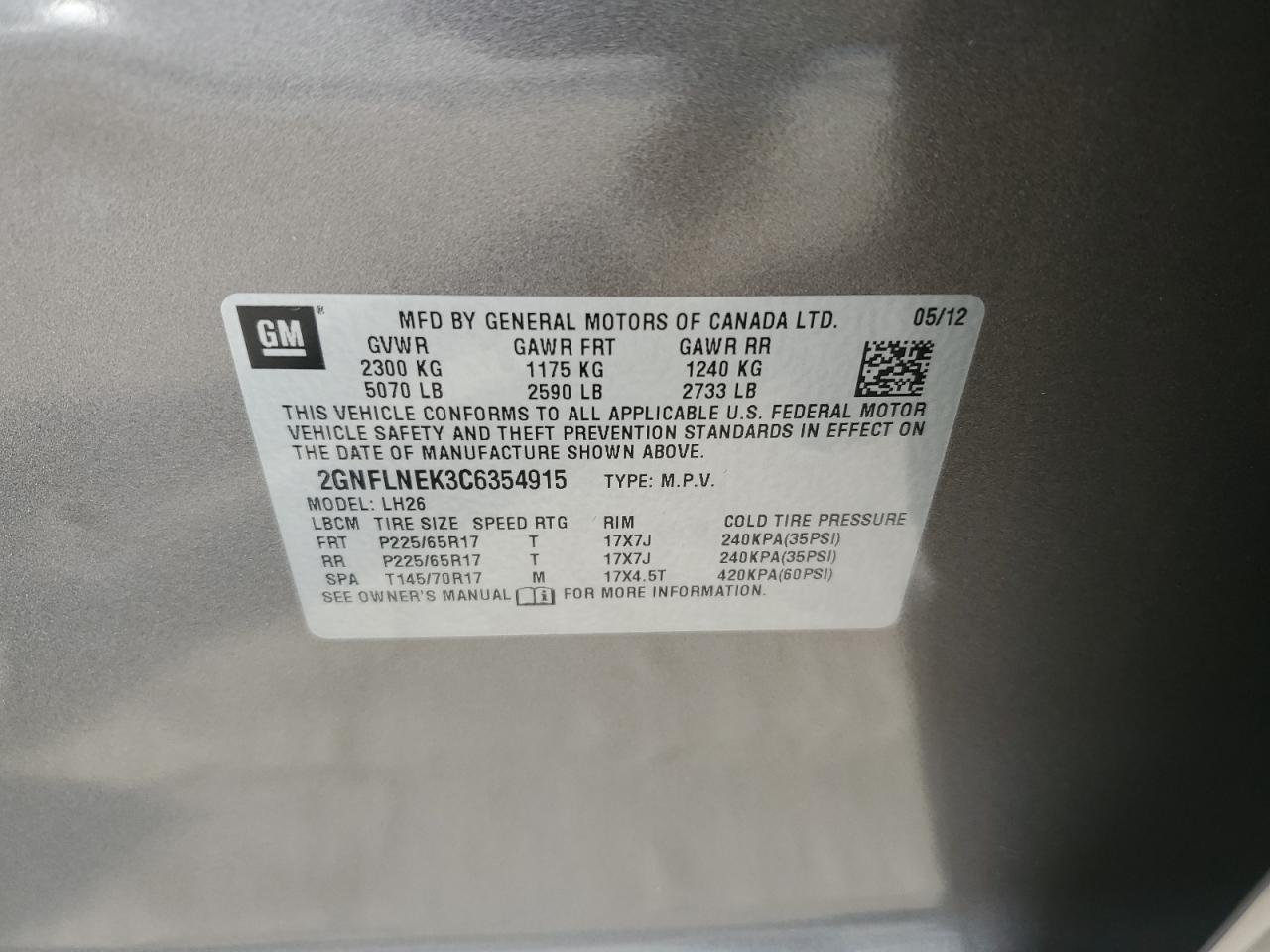 2012 Chevrolet Equinox Lt VIN: 2GNFLNEK3C6354915 Lot: 59433384