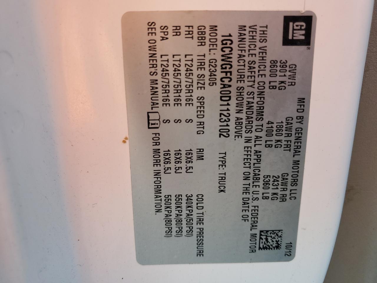 2013 Chevrolet Express G2500 VIN: 1GCWGFCA0D1123102 Lot: 60681884