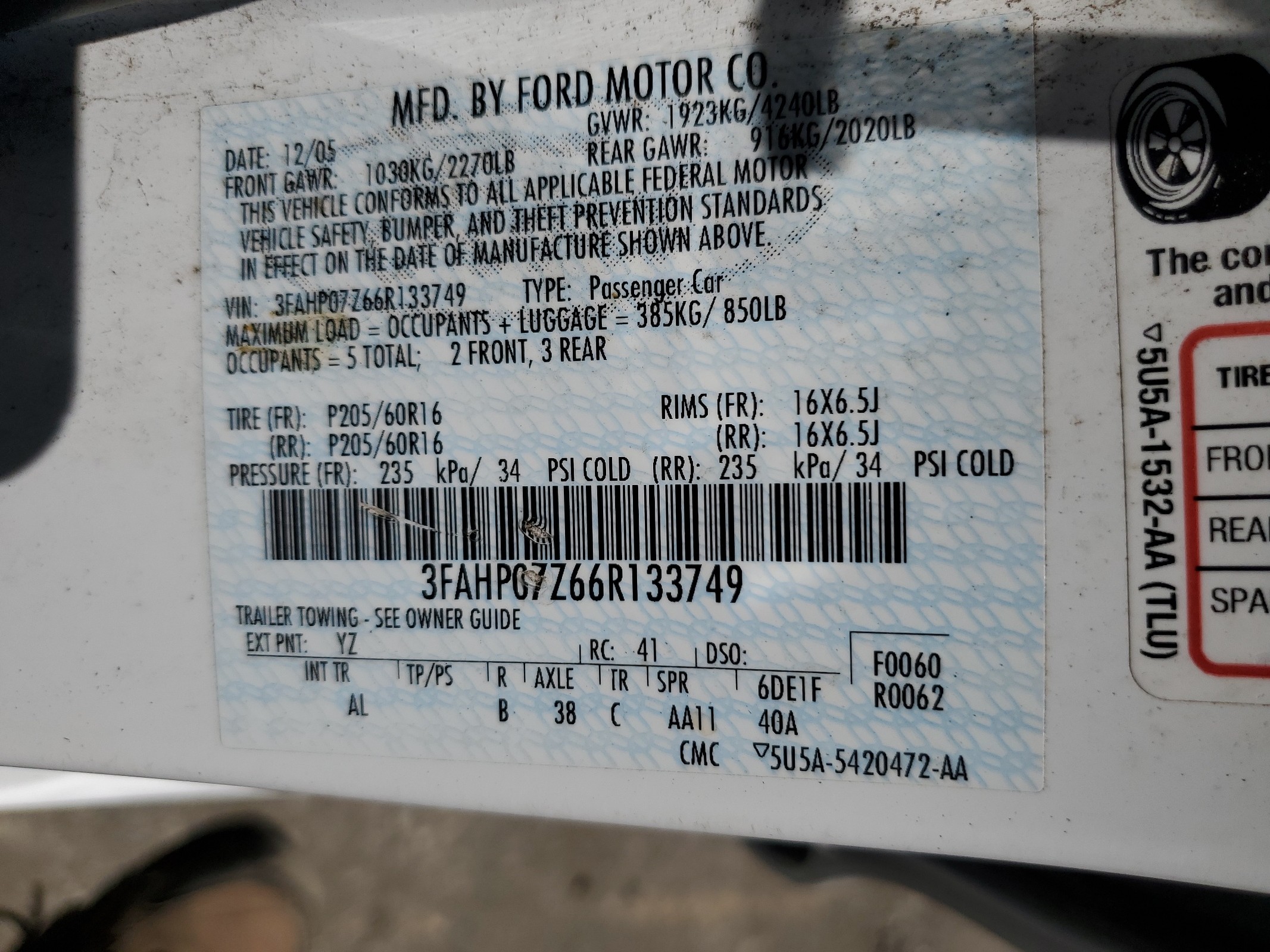 3FAHP07Z66R133749 2006 Ford Fusion Se