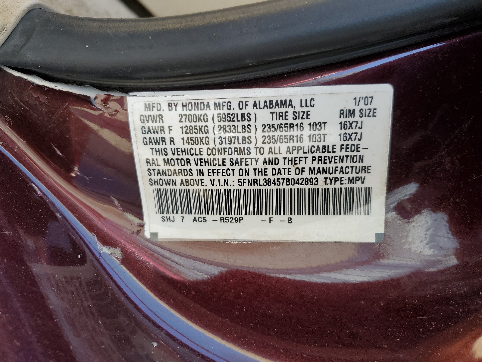 5FNRL38457B042893 2007 Honda Odyssey Ex