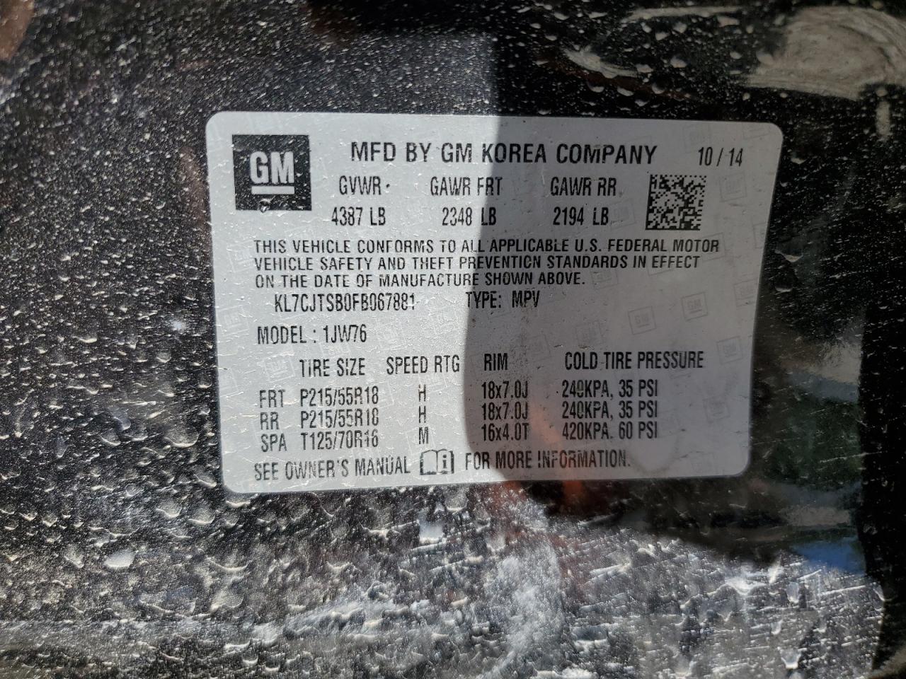 2015 Chevrolet Trax Ltz VIN: KL7CJTSB0FB067881 Lot: 56331744