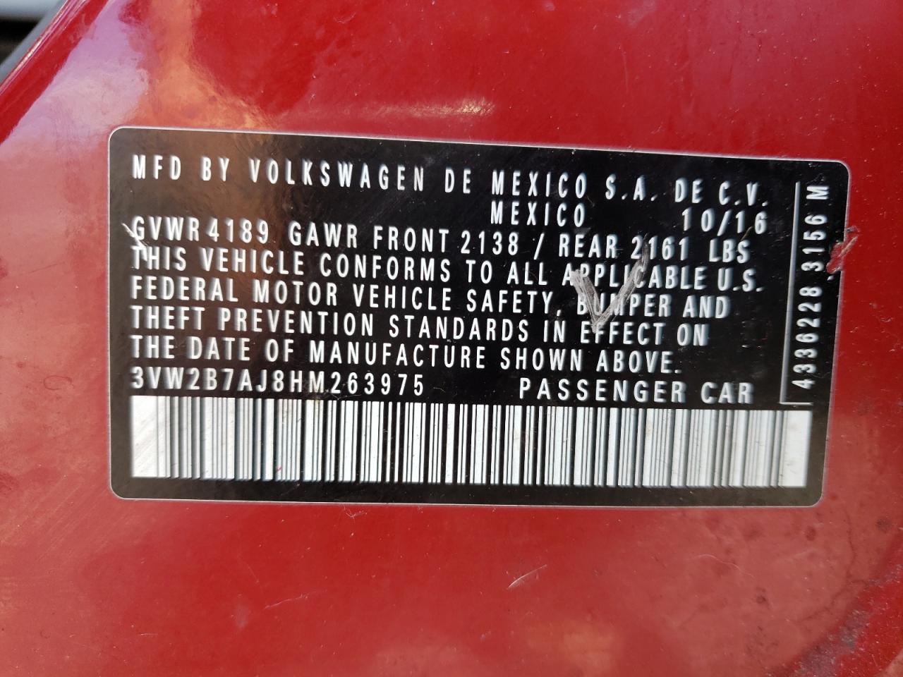 2017 Volkswagen Jetta S VIN: 3VW2B7AJ8HM263975 Lot: 57981694