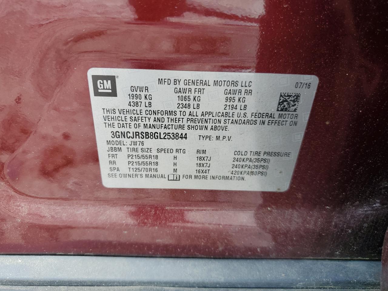 2016 Chevrolet Trax Ltz VIN: 3GNCJRSB8GL253844 Lot: 58241754