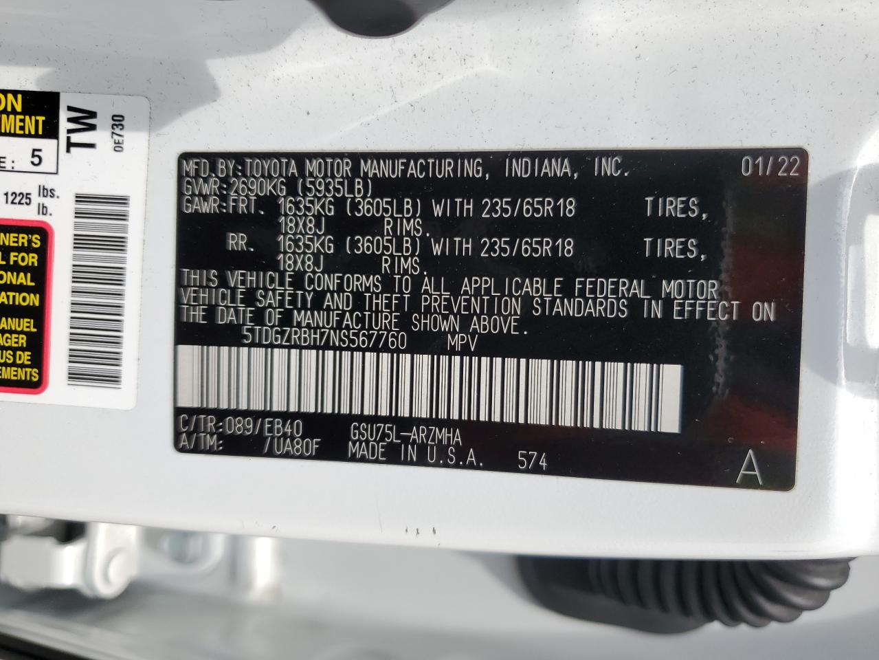 2022 Toyota Highlander Xle VIN: 5TDGZRBH7NS567760 Lot: 58969204