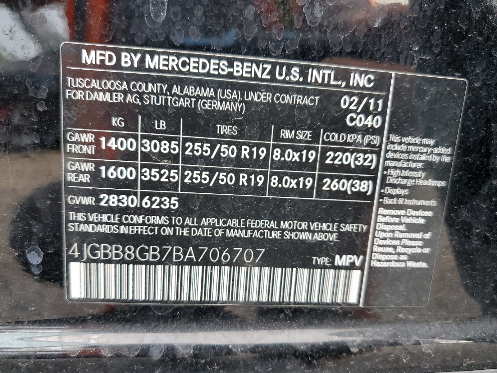 4JGBB8GB7BA706707 2011 Mercedes-Benz Ml 350 4Matic