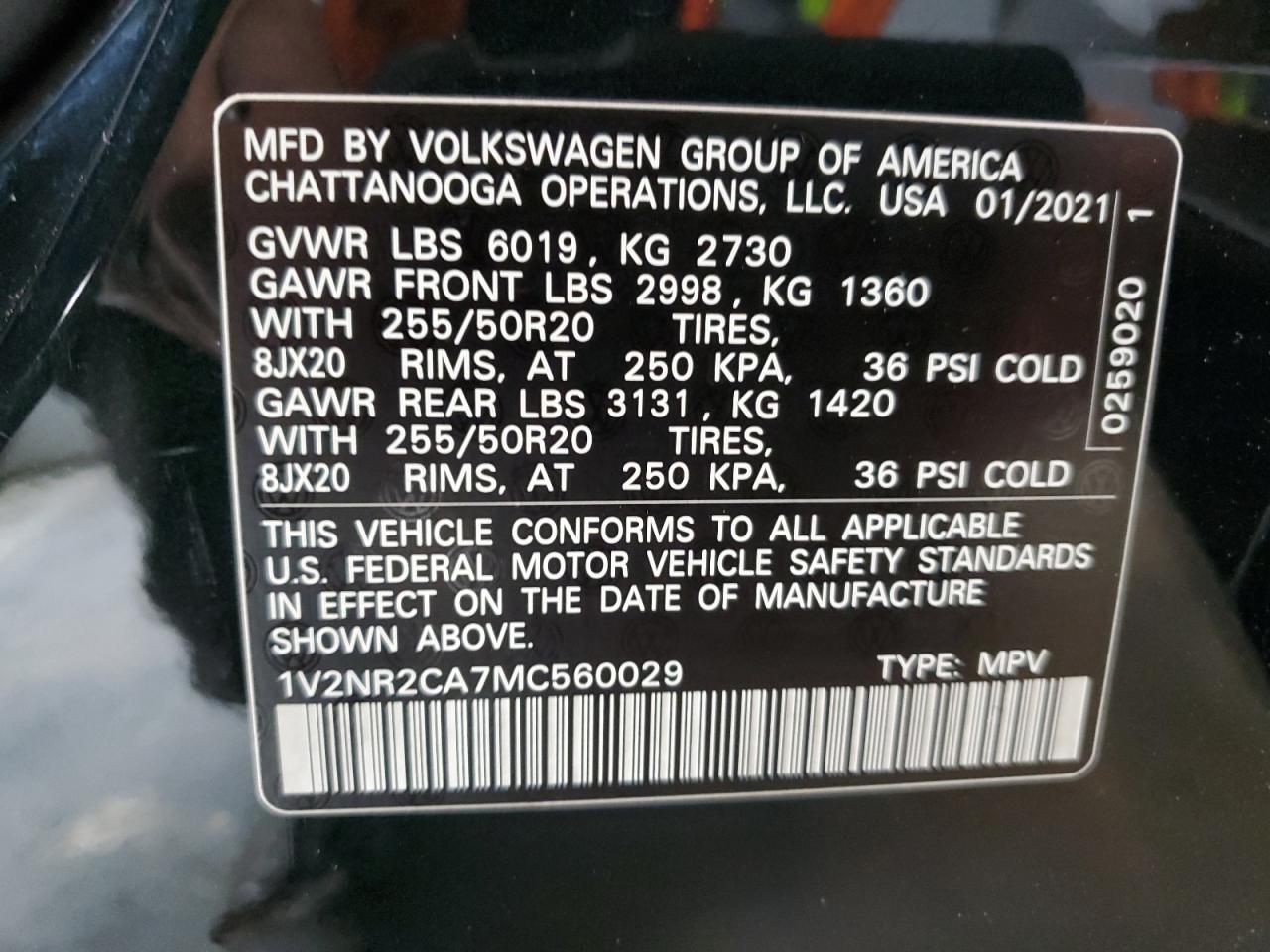 2021 Volkswagen Atlas Se VIN: 1V2NR2CA7MC560029 Lot: 58054064