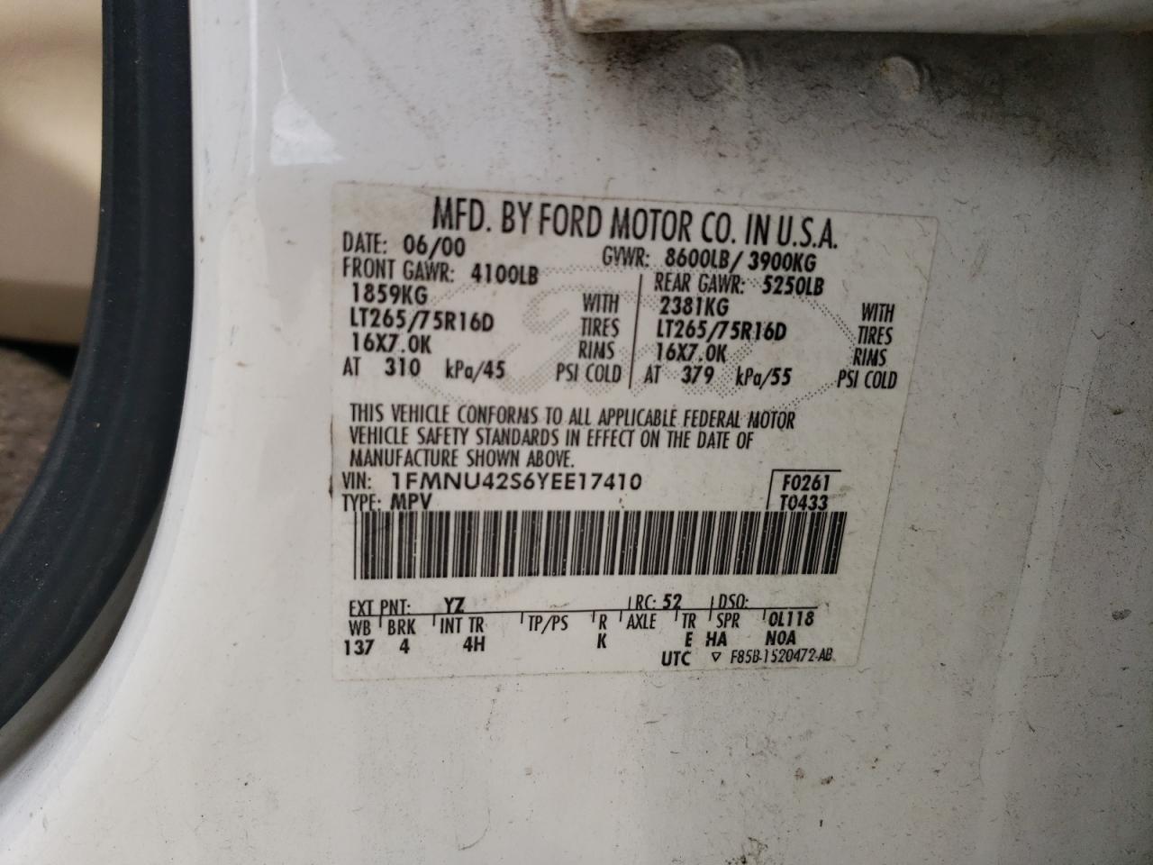 2000 Ford Excursion Limited VIN: 1FMNU42S6YEE17410 Lot: 60652214