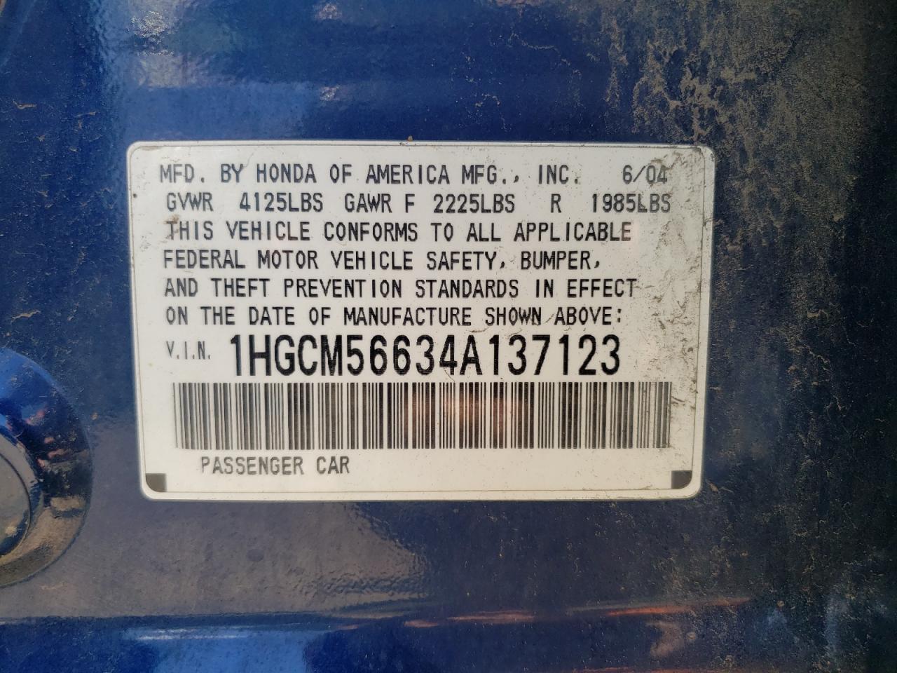 2004 Honda Accord Ex VIN: 1HGCM56634A137123 Lot: 59774694