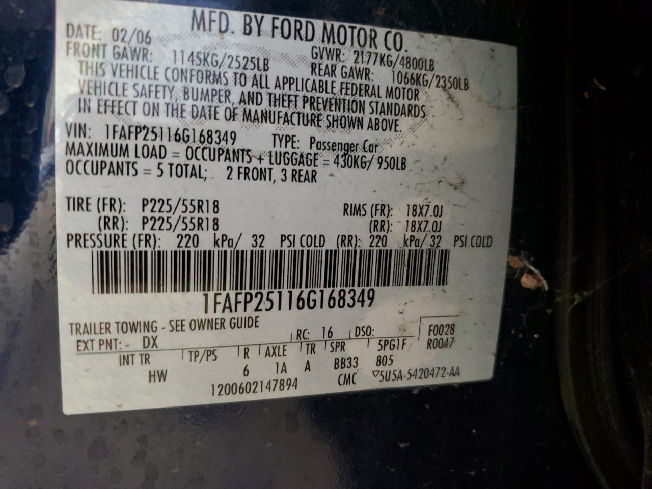 2006 Ford Five Hundred Limited VIN: 1FAFP25116G168349 Lot: 57396564