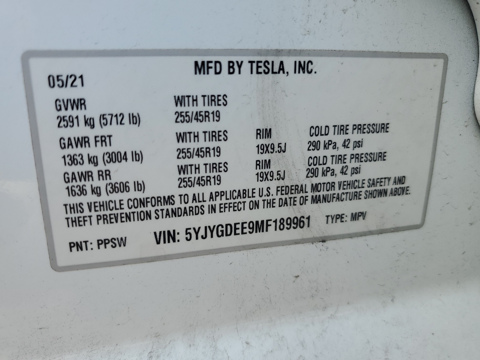 5YJYGDEE9MF189961 2021 Tesla Model Y