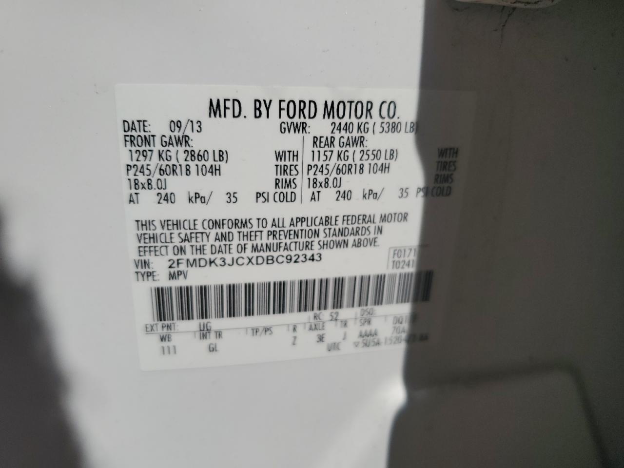 2013 Ford Edge Sel VIN: 2FMDK3JCXDBC92343 Lot: 58320924