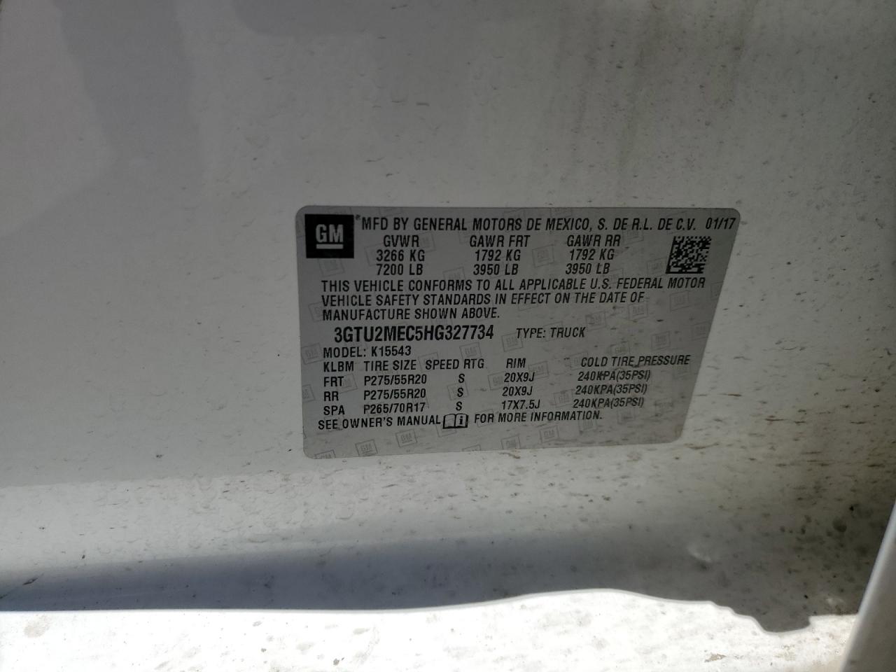 2017 GMC Sierra K1500 Sle VIN: 3GTU2MEC5HG327734 Lot: 60471734