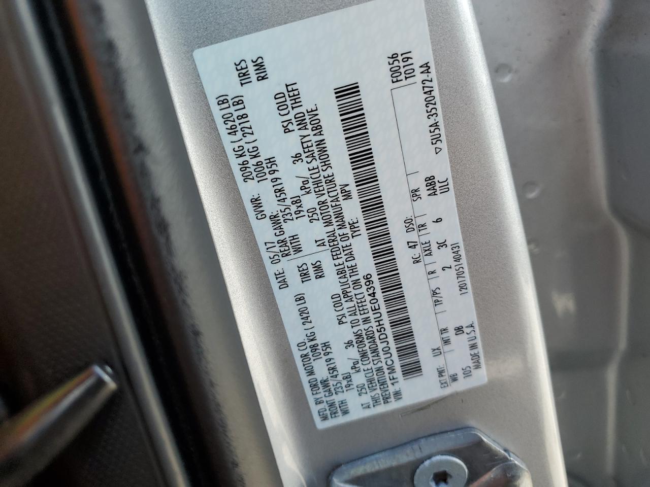 2017 Ford Escape Titanium VIN: 1FMCU0JD5HUE04396 Lot: 59181164