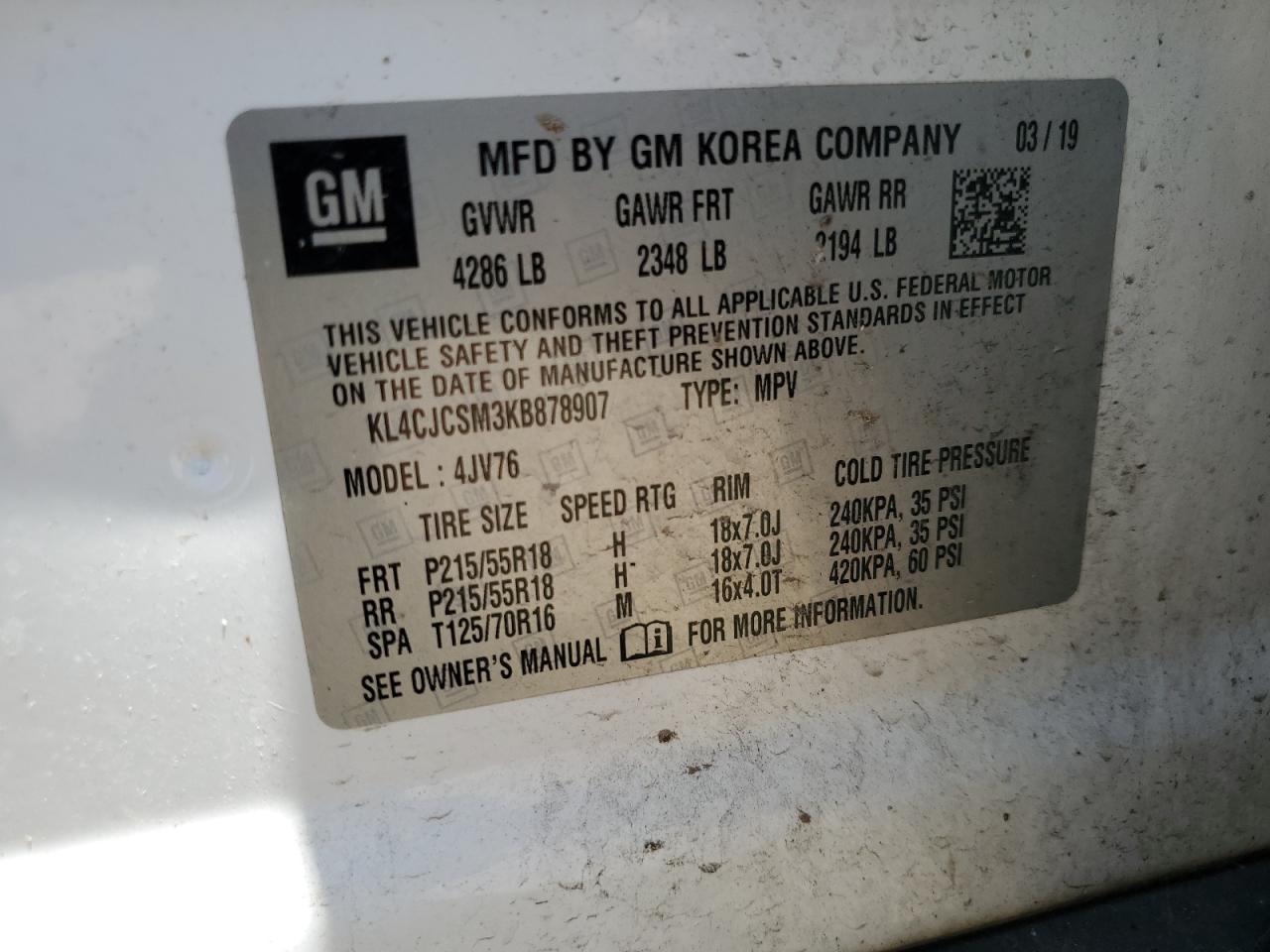 KL4CJCSM3KB878907 2019 Buick Encore Essence