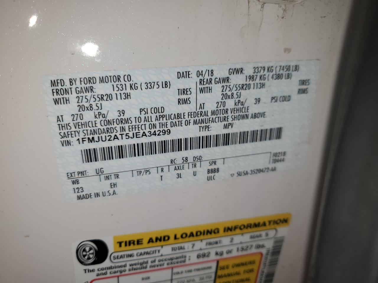 2018 Ford Expedition Limited VIN: 1FMJU2AT5JEA34299 Lot: 60554954