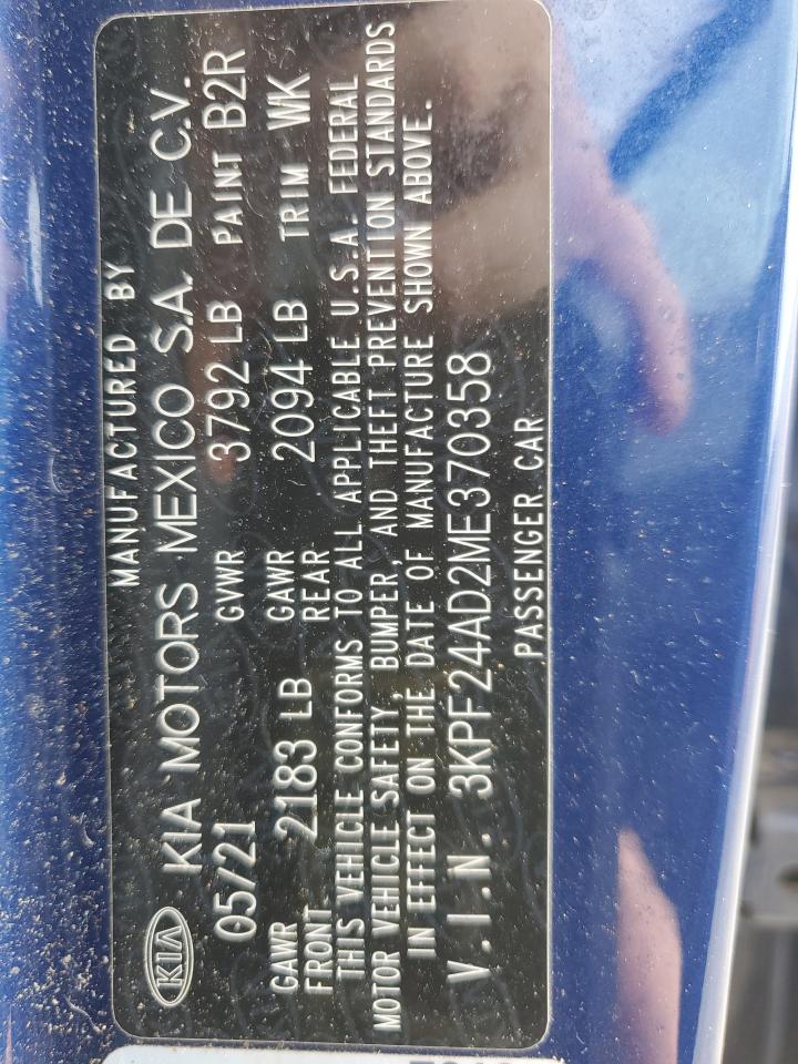 2021 Kia Forte Fe VIN: 3KPF24AD2ME370358 Lot: 59655624