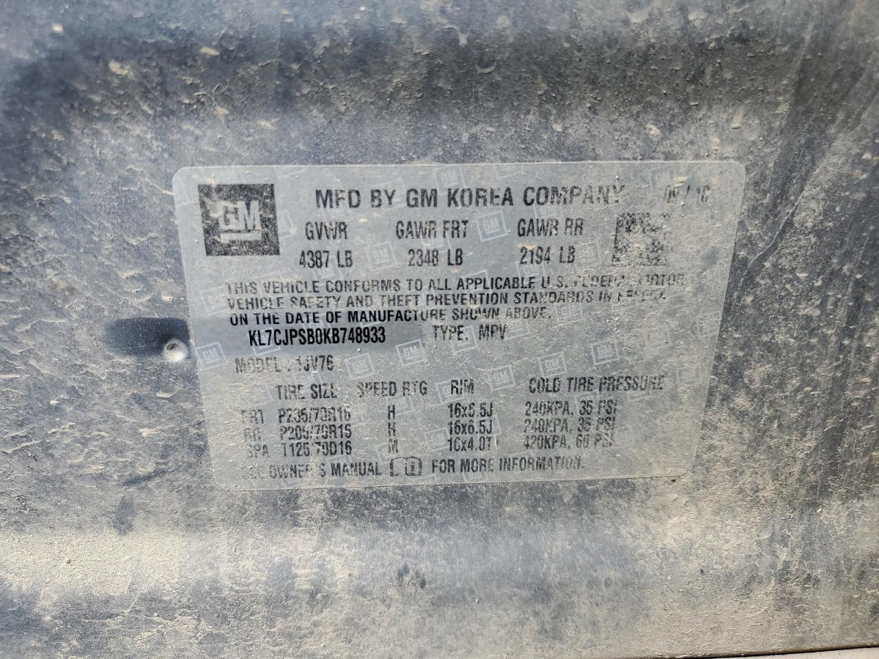 2019 Chevrolet Trax 1Lt VIN: KL7CJPSB0KB748933 Lot: 59708014