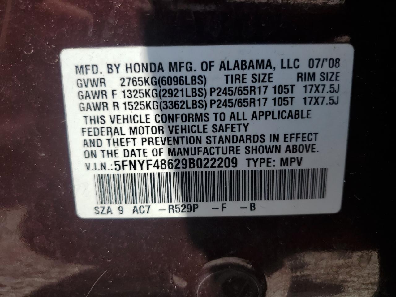 2009 Honda Pilot Exl VIN: 5FNYF48629B022209 Lot: 57830624