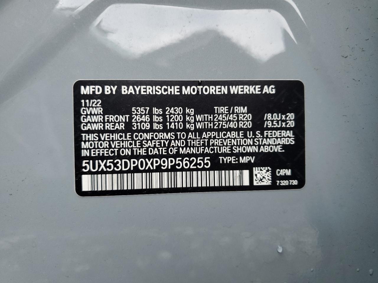 2023 BMW X3 xDrive30I VIN: 5UX53DP0XP9P56255 Lot: 57439934