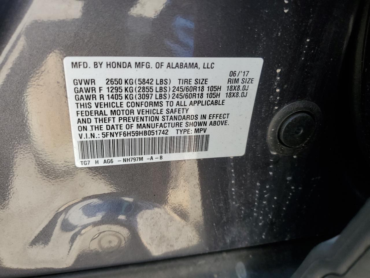 5FNYF6H59HB051742 2017 Honda Pilot Exl