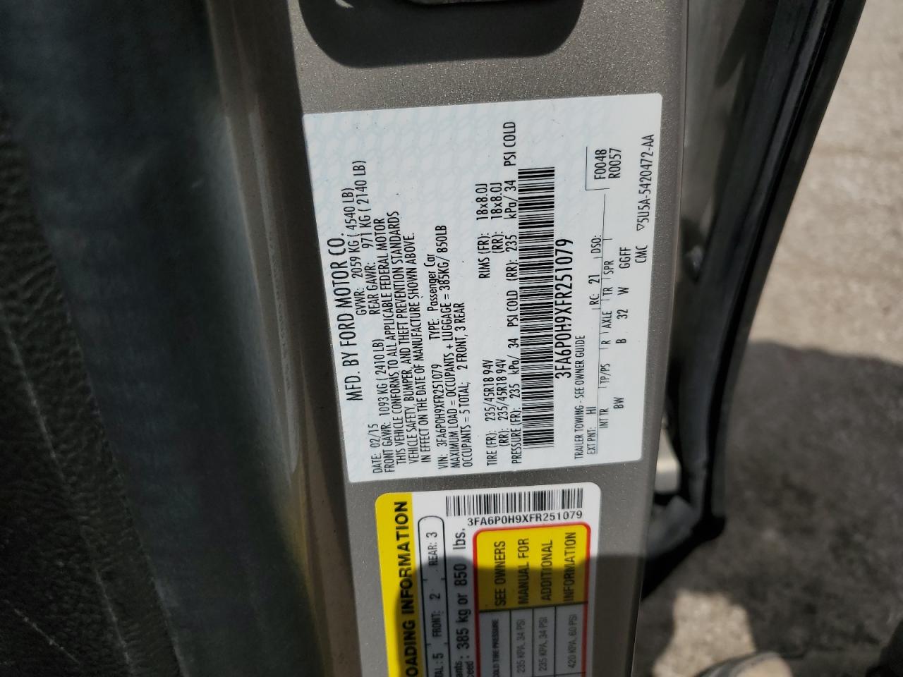 2015 Ford Fusion Se VIN: 3FA6P0H9XFR251079 Lot: 59146924