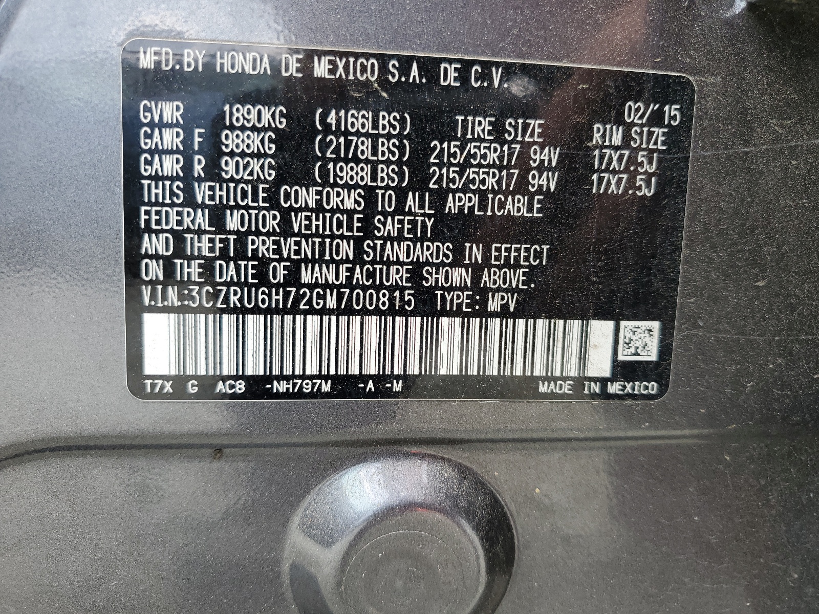 3CZRU6H72GM700815 2016 Honda Hr-V Exl