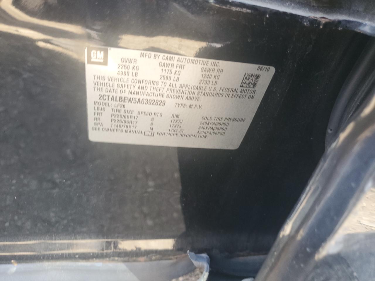 2010 GMC Terrain Sle VIN: 2CTALBEW5A6392829 Lot: 60064124