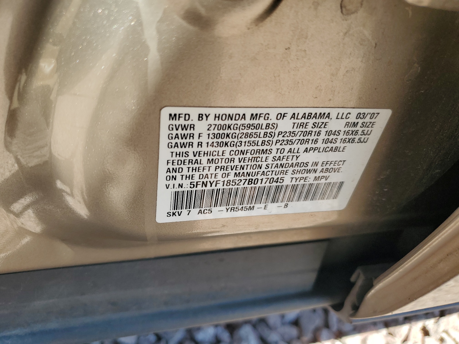 5FNYF18527B017045 2007 Honda Pilot Exl