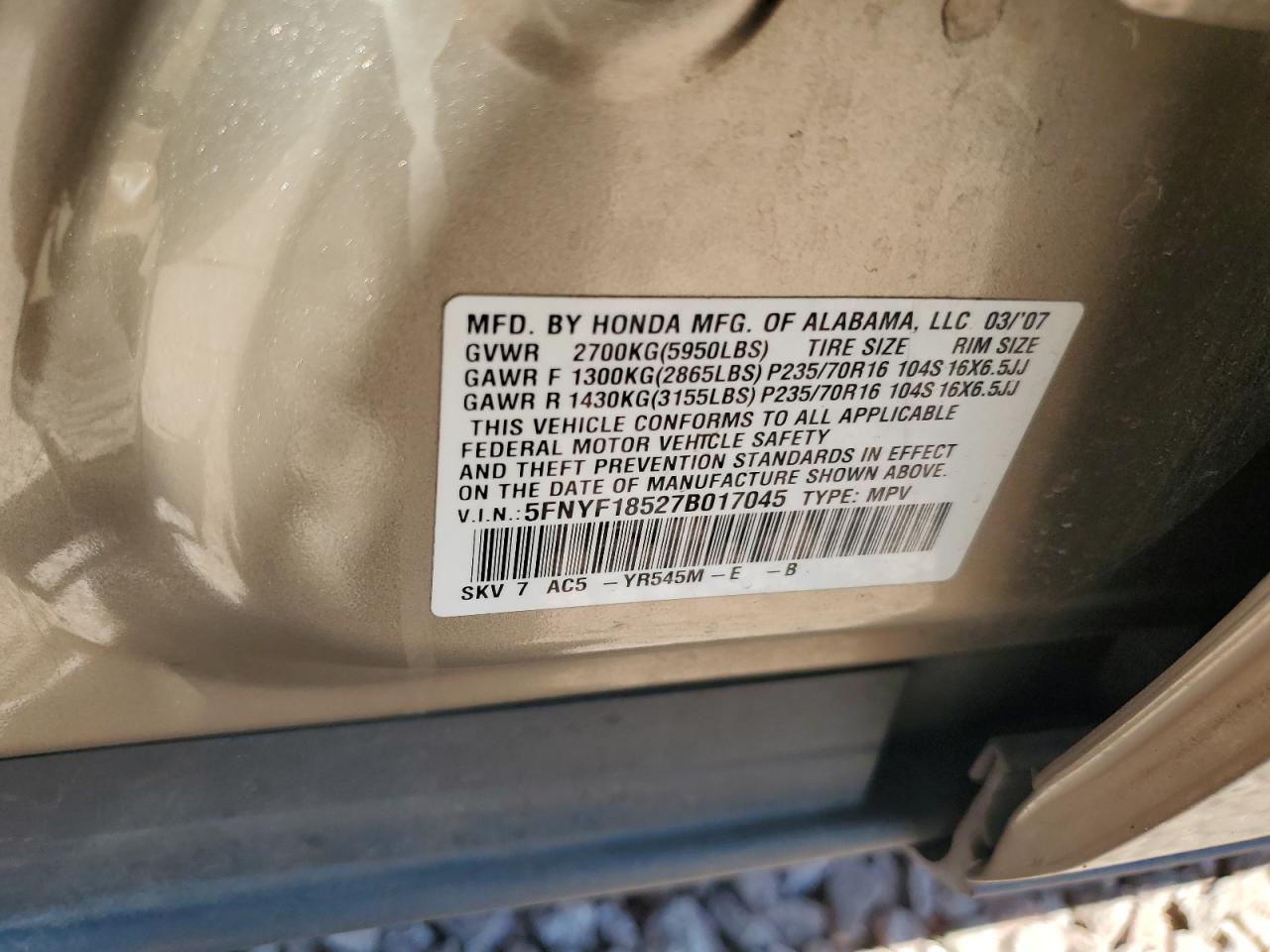 2007 Honda Pilot Exl VIN: 5FNYF18527B017045 Lot: 57164904