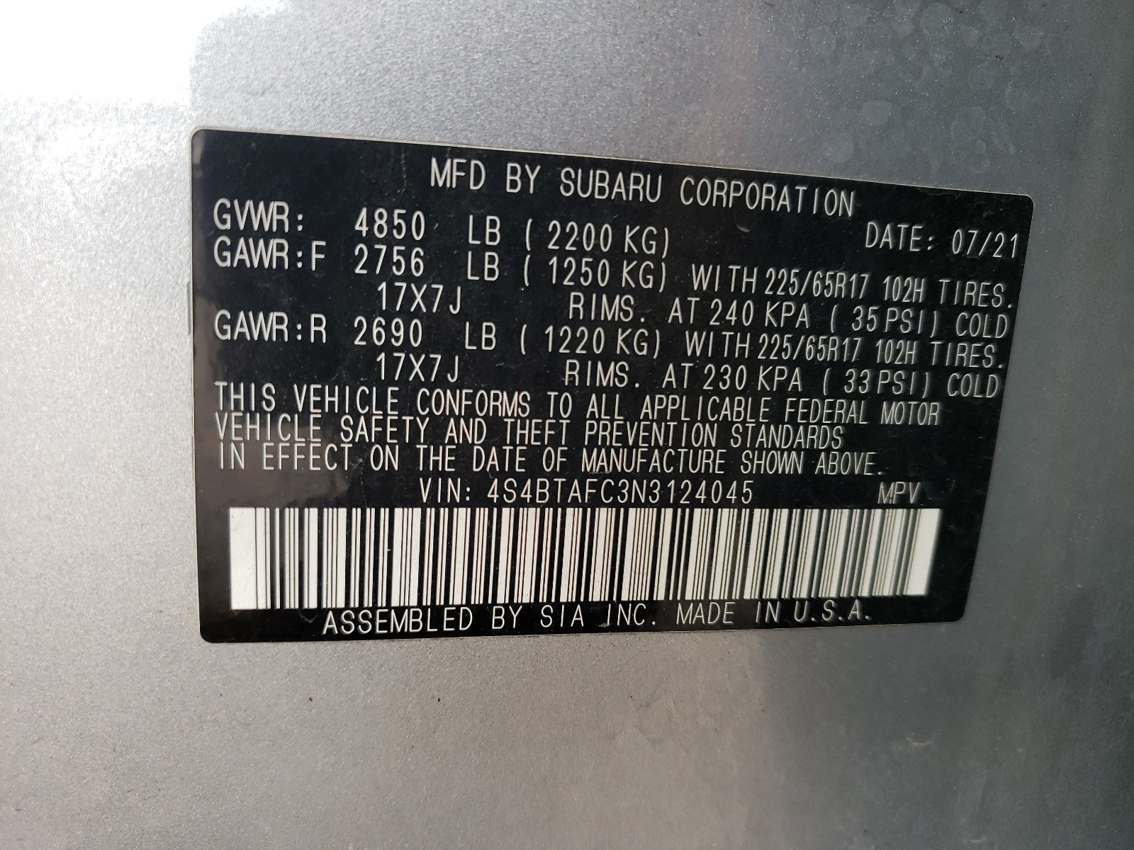 4S4BTAFC3N3124045 2022 Subaru Outback Premium