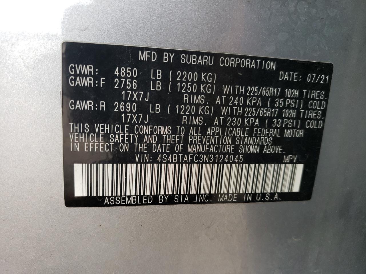 2022 Subaru Outback Premium VIN: 4S4BTAFC3N3124045 Lot: 59965564