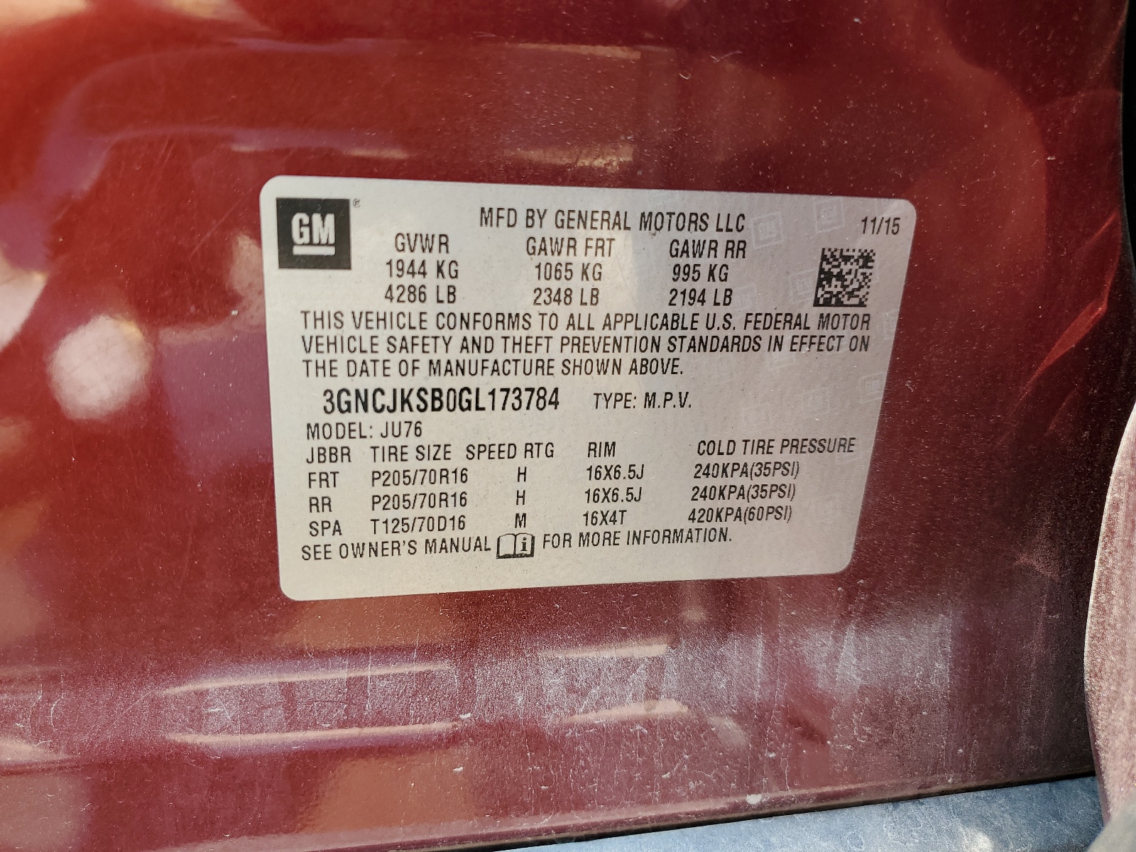 3GNCJKSB0GL173784 2016 Chevrolet Trax Ls