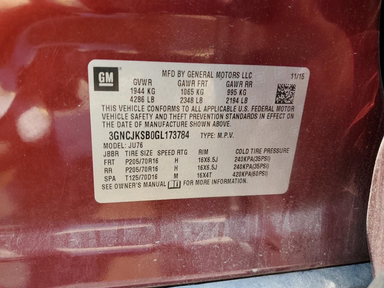 2016 Chevrolet Trax Ls VIN: 3GNCJKSB0GL173784 Lot: 59545014