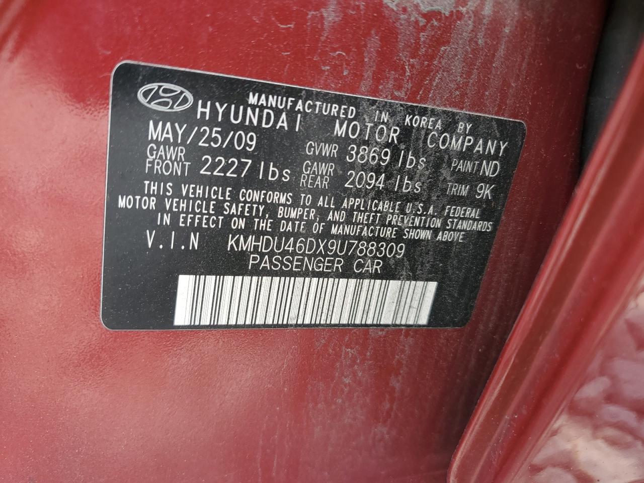 KMHDU46DX9U788309 2009 Hyundai Elantra Gls