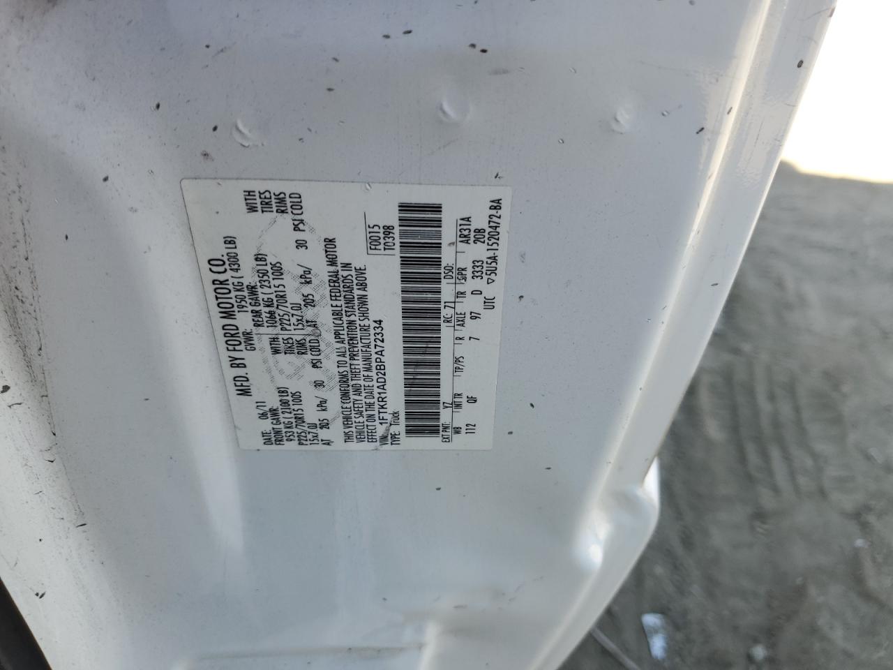 2011 Ford Ranger VIN: 1FTKR1AD2BPA72334 Lot: 59054494