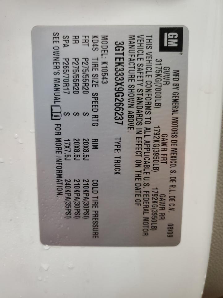 2009 GMC Sierra K1500 Slt VIN: 3GTEK333X9G266237 Lot: 57227064