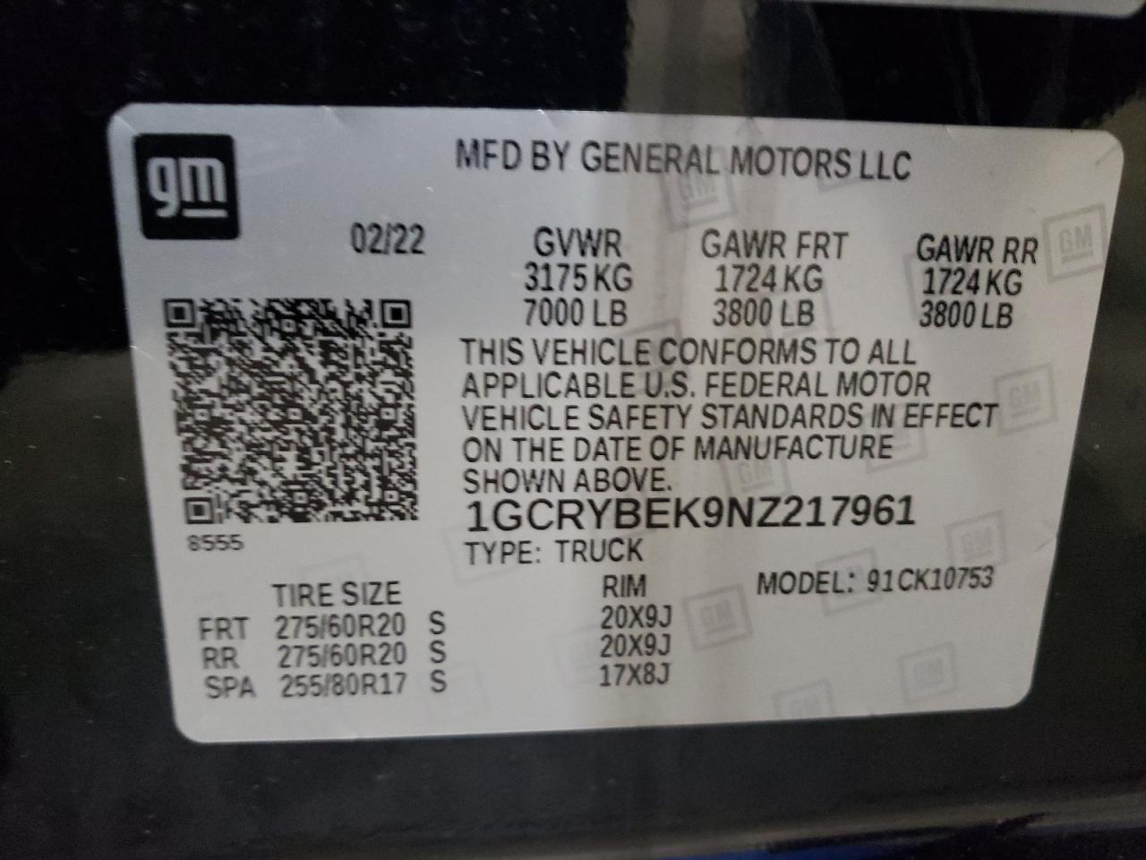 2022 Chevrolet Silverado Ltd K1500 Custom VIN: 1GCRYBEK9NZ217961 Lot: 58637434