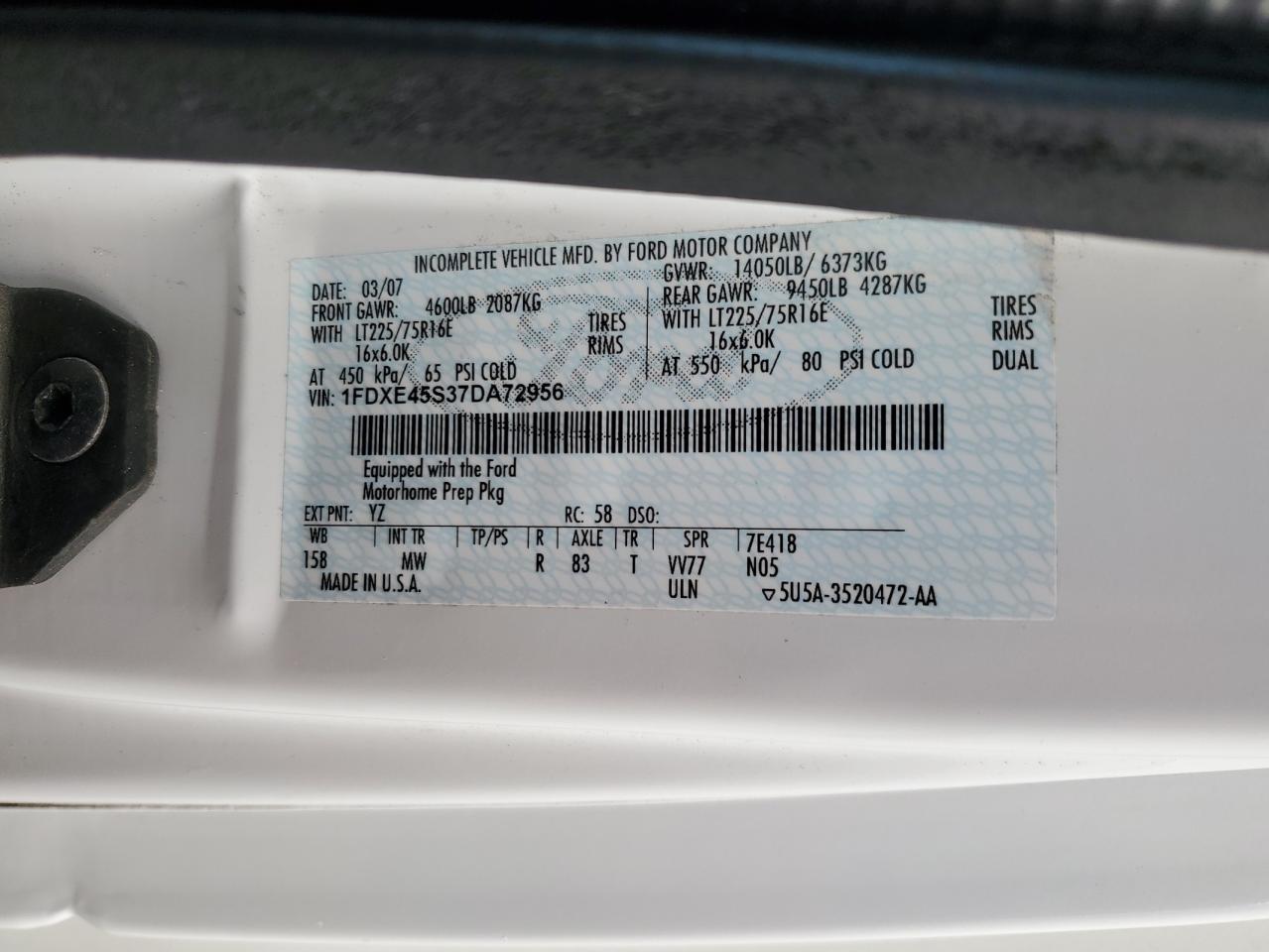 2008 Ford Econoline E450 Super Duty Cutaway Van VIN: 1FDXE45S37DA72956 Lot: 58219184