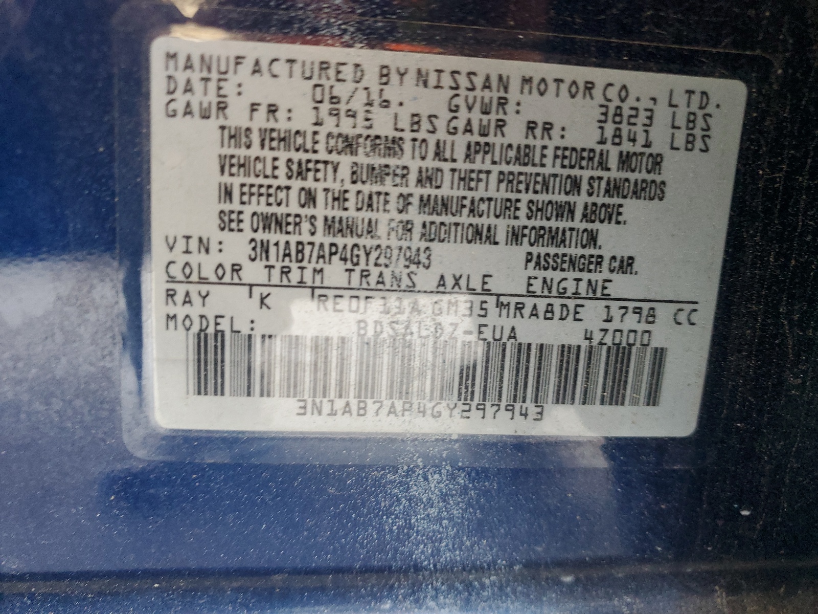 3N1AB7AP4GY297943 2016 Nissan Sentra S