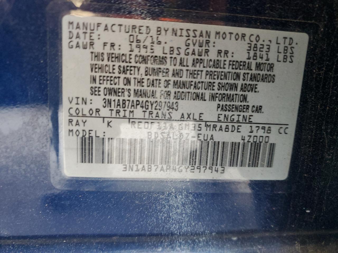 2016 Nissan Sentra S VIN: 3N1AB7AP4GY297943 Lot: 60504494