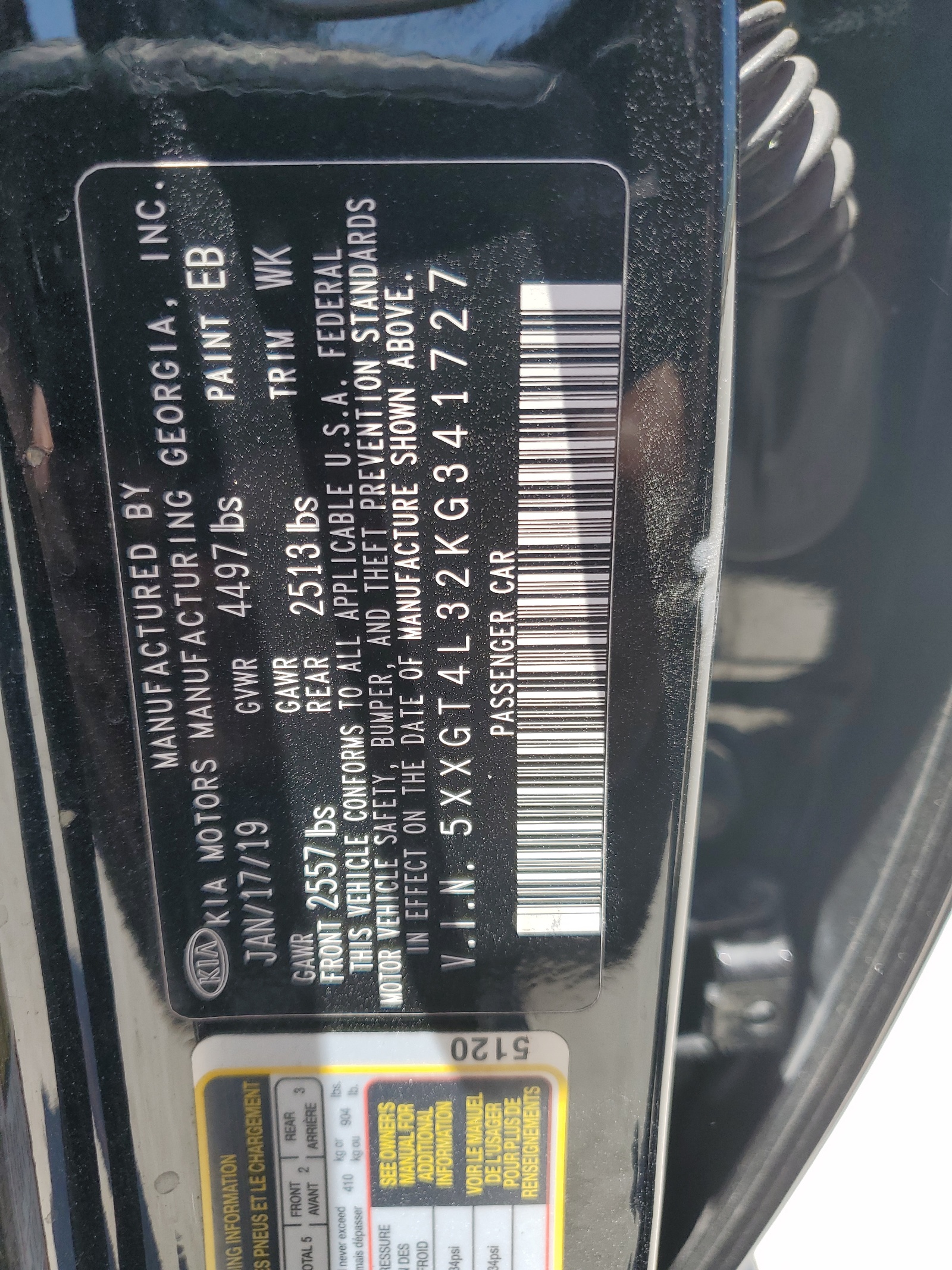 5XXGT4L32KG341727 2019 Kia Optima Lx