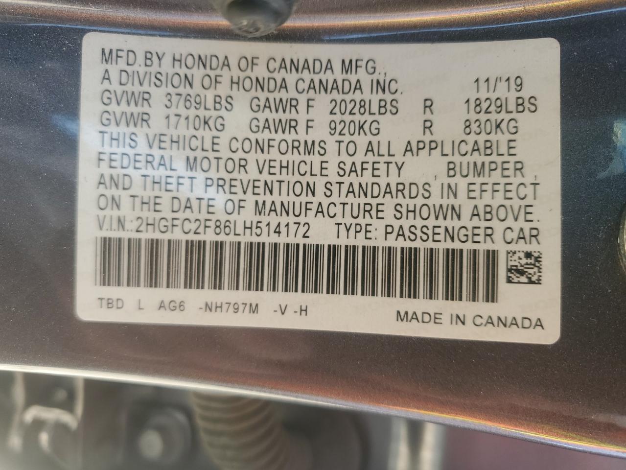 2020 Honda Civic Sport VIN: 2HGFC2F86LH514172 Lot: 58070344