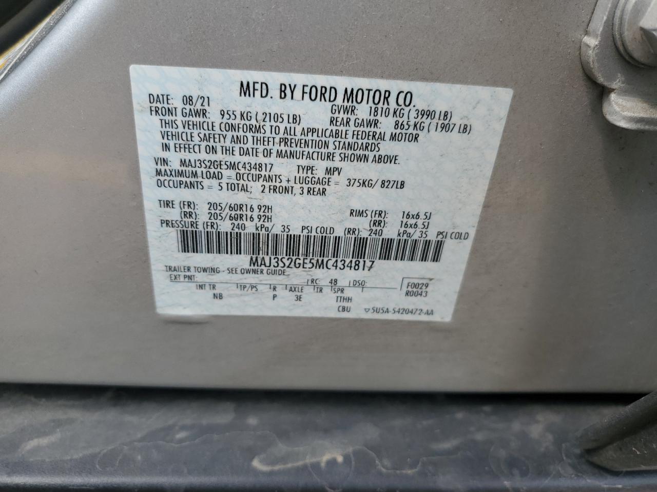 2021 Ford Ecosport Se VIN: MAJ3S2GE5MC434817 Lot: 58890574