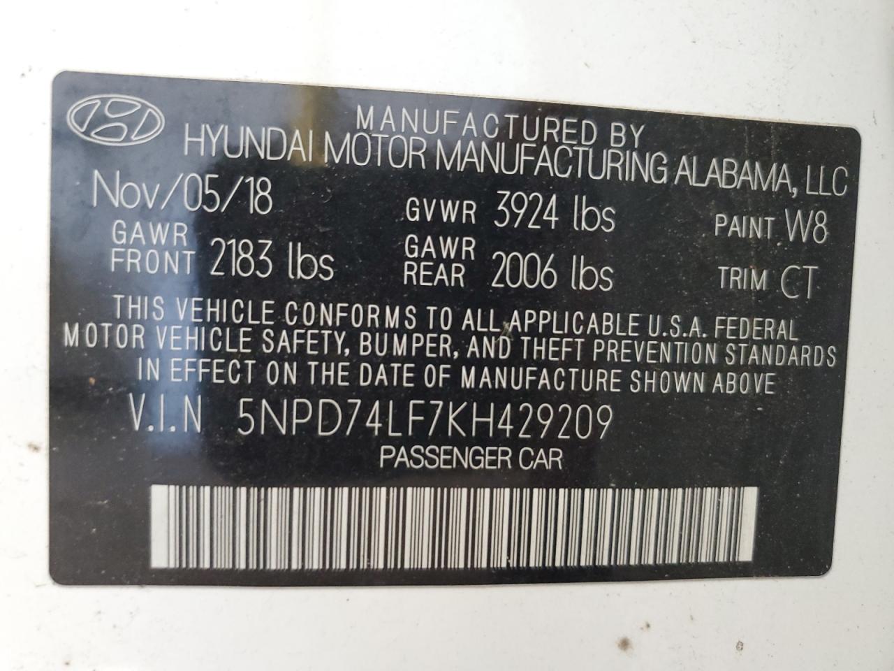 2019 Hyundai Elantra Se VIN: 5NPD74LF7KH429209 Lot: 60713154