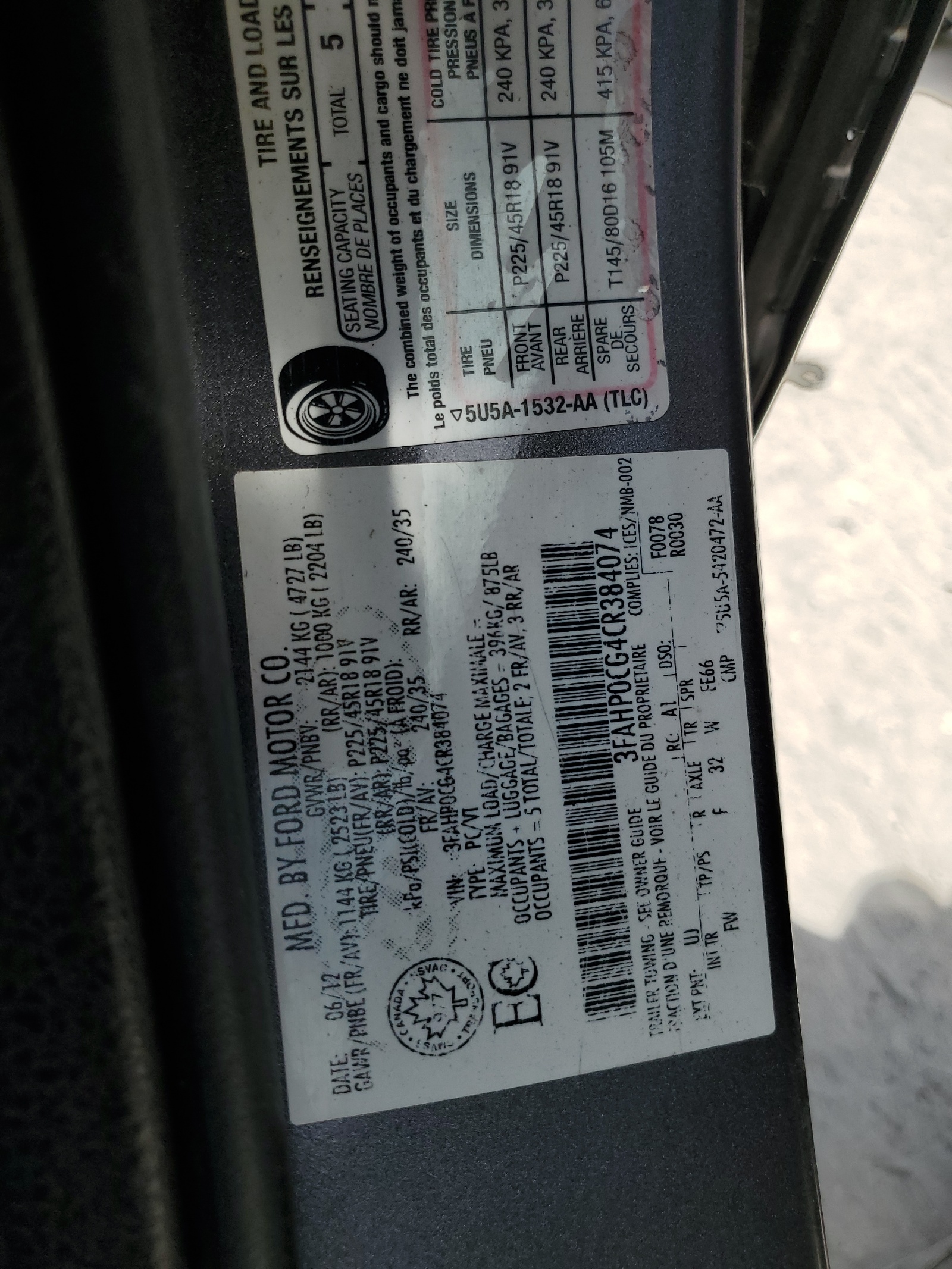 3FAHP0CG4CR384074 2012 Ford Fusion Sel