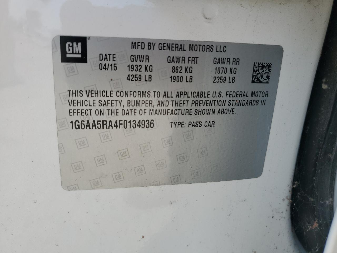 2015 Cadillac Ats VIN: 1G6AA5RA4F0134936 Lot: 59041954