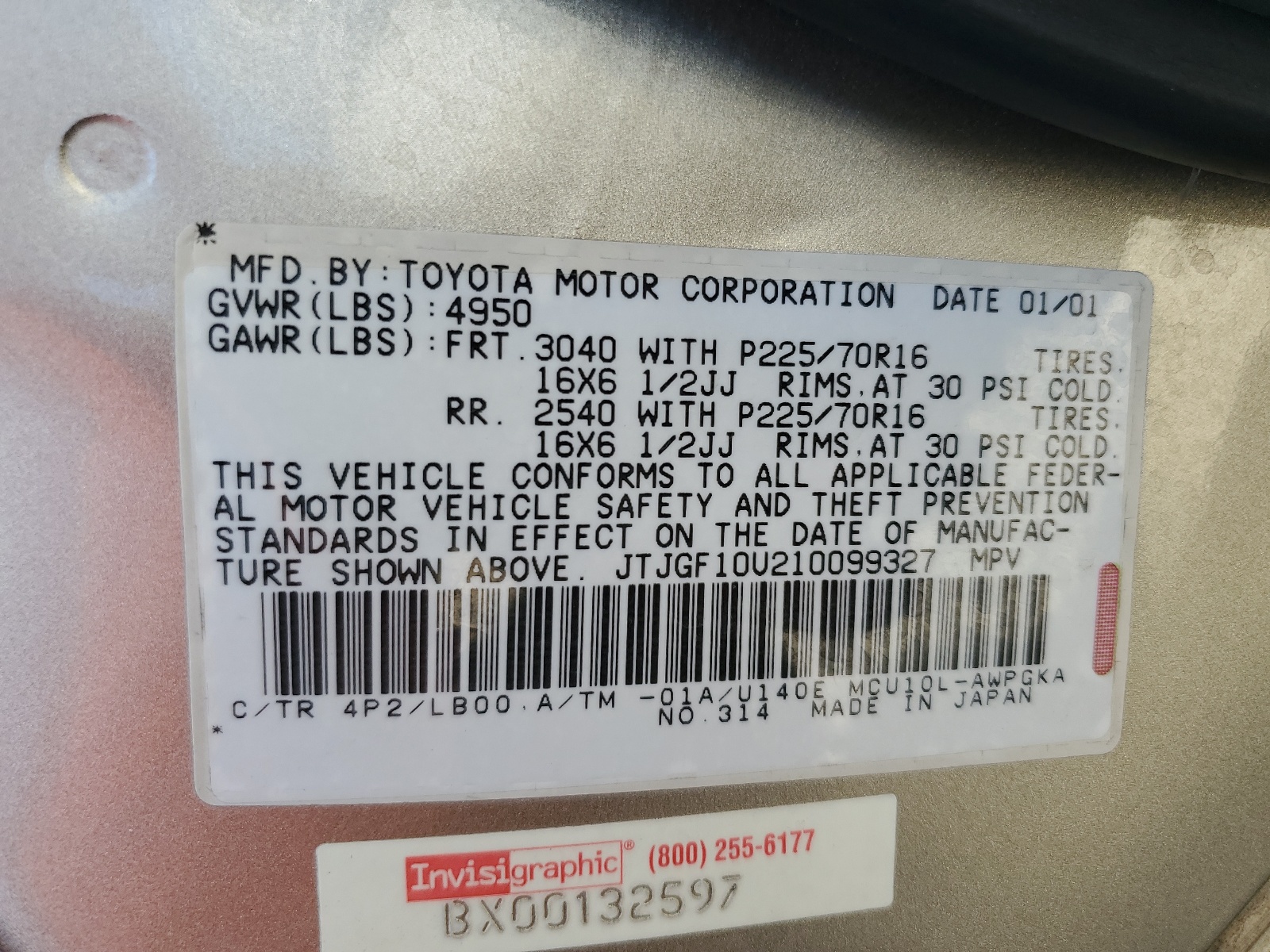 JTJGF10U210099327 2001 Lexus Rx 300