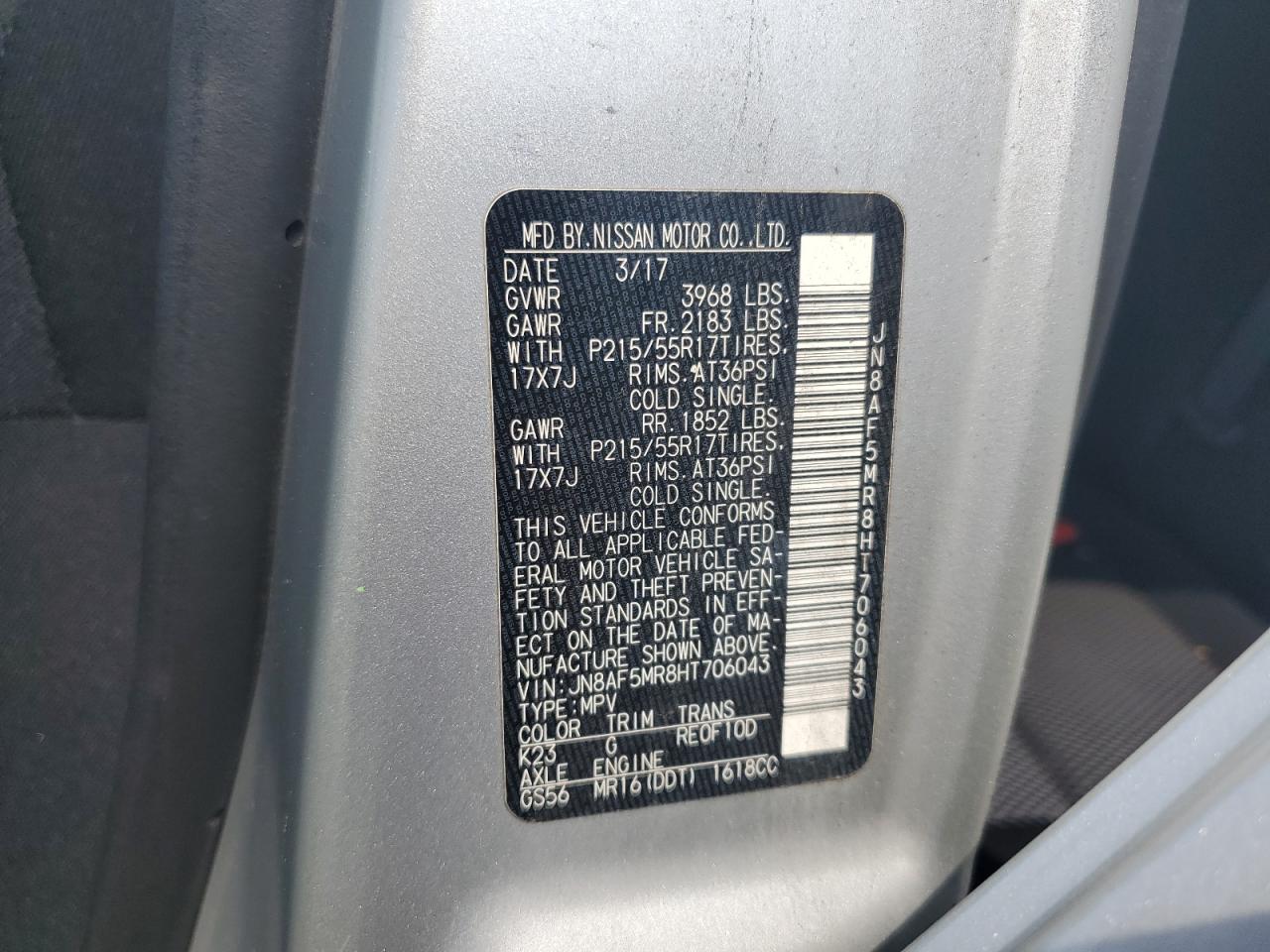 2017 Nissan Juke S VIN: JN8AF5MR8HT706043 Lot: 59648314