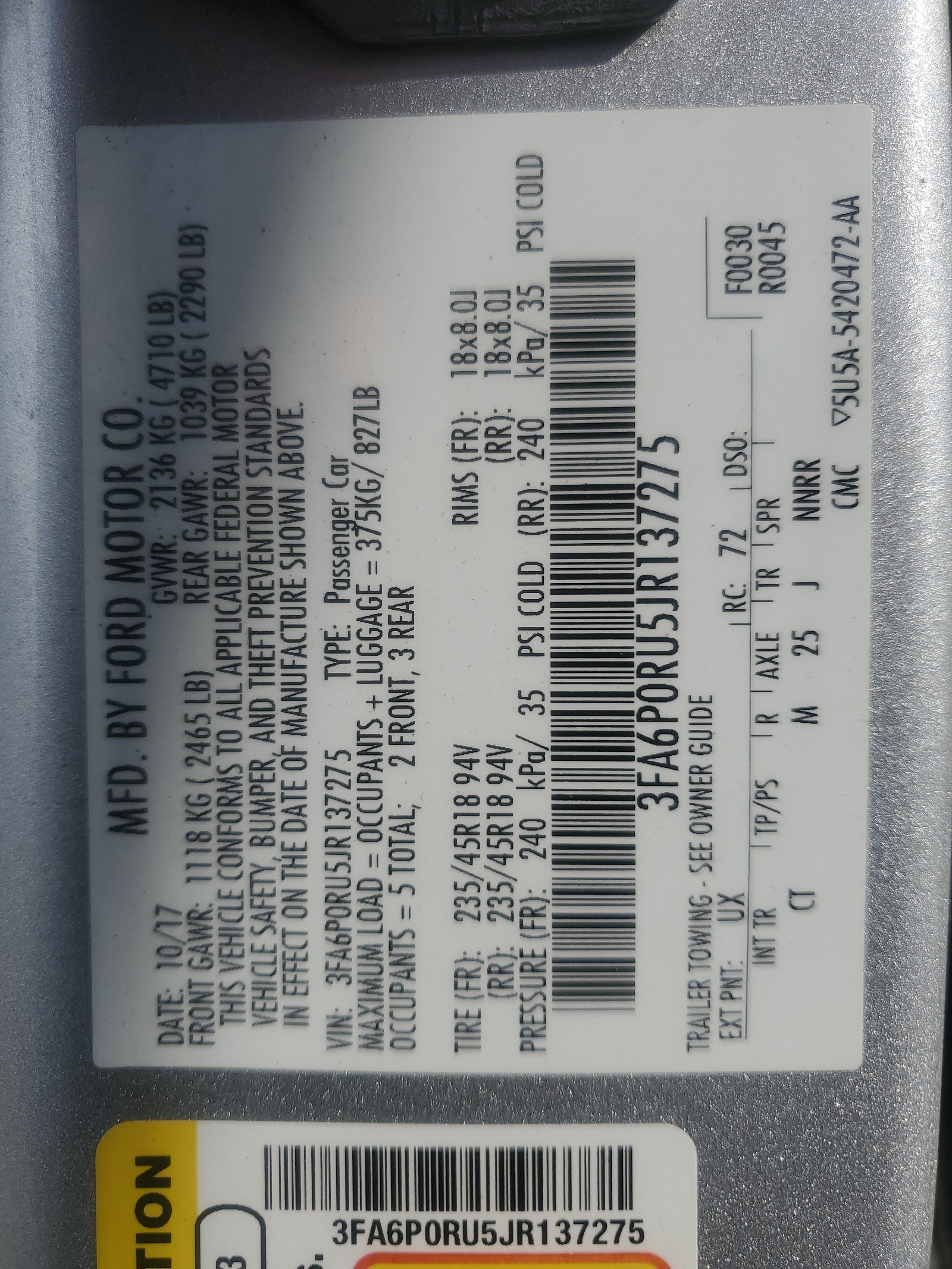 3FA6P0RU5JR137275 2018 Ford Fusion Titanium/Platinum Hev